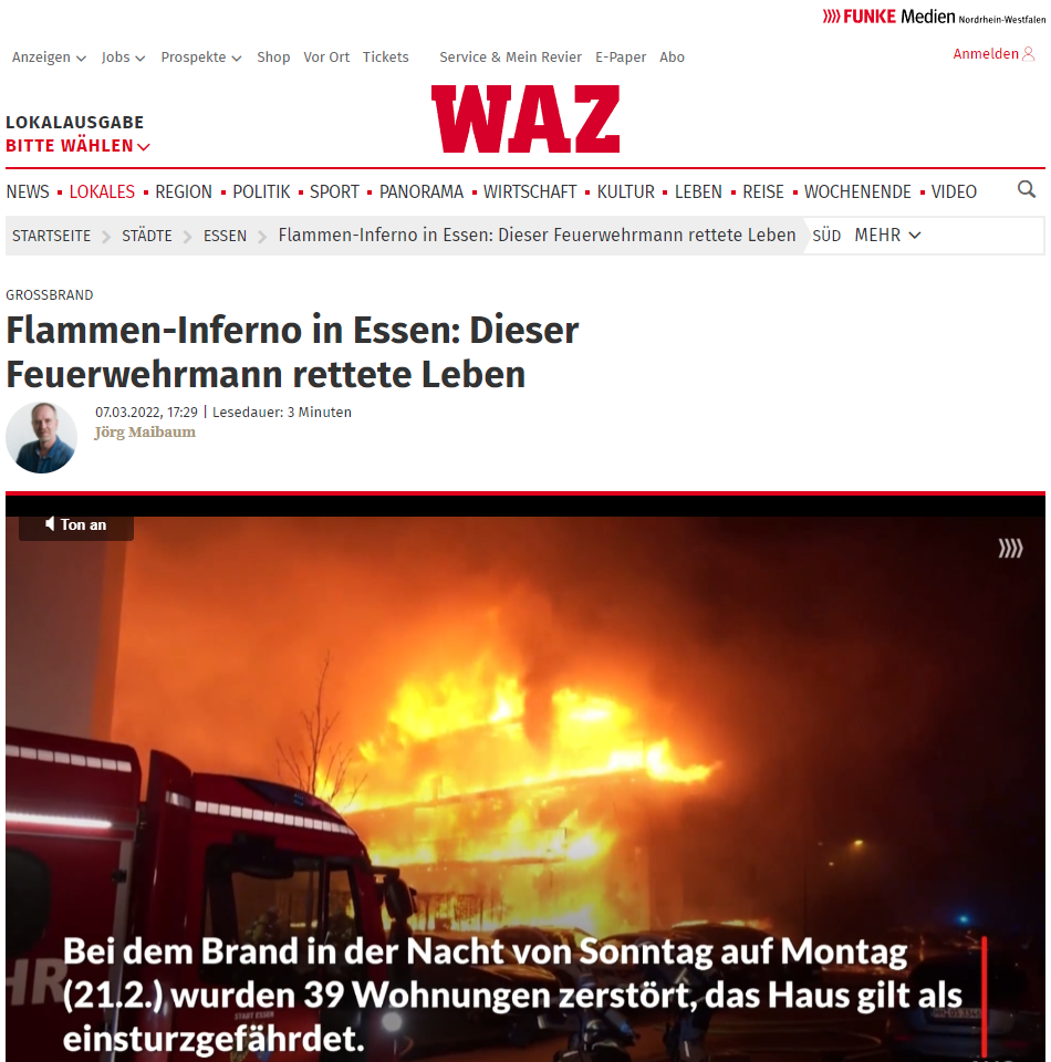 Flammen-Inferno in Essen: Dieser Feuerwehrmann rettet Leben